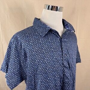 Robert Graham LT Short Sleeve Popover Shirt Blue Geometric Hexagon Cotton Mens